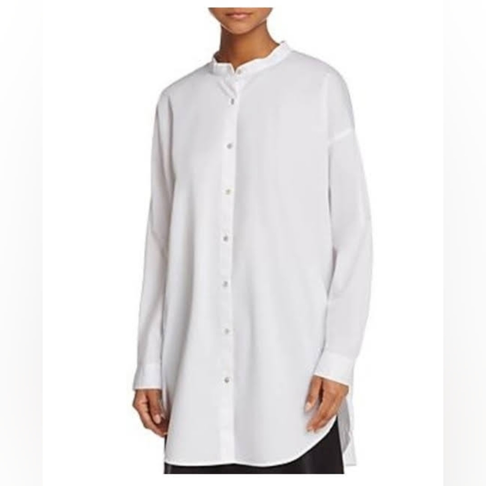 Eileen Fischer Long White Cotton Tunic Shirt with Mandarin Collar